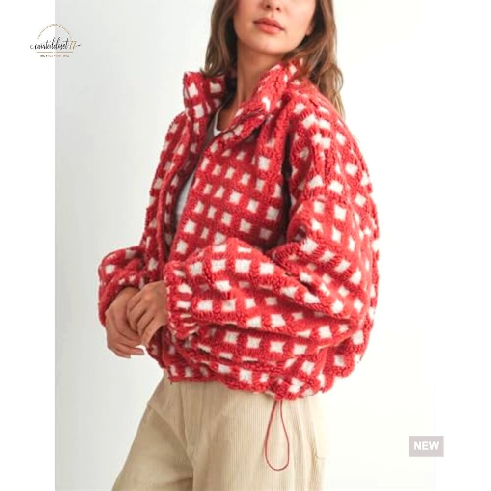 Cropped Sherpa Jacket Plaid Fleece Zip Up Casual Long Sleeve with Pockets - Picture 5 of 7